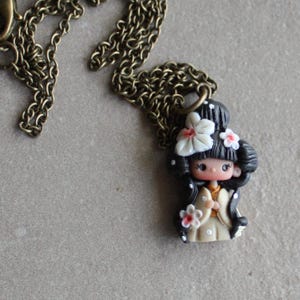 geisha doll necklace, charm,stainless steel necklace,doll necklace,Colorful charms, kawaii charms polymer clay,zingara creativa