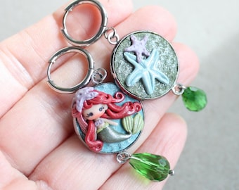 ariel dangle earrings, disney jewels, polymerclay earrings, zingara creativa, kawaii doll, mermaid clay