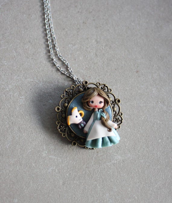 belle necklace, disney jewerly, polymerclay dolls,kawaii pendants,clay jewerly ,stainless steel necklace, kawaii necklace, chibi, figurine
