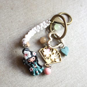 bronzen tasbedel met pop van polymeerklei, kawaii-sleutelhanger, kleigeisha, beeldje, chibi, liefhebbers van japan afbeelding 5