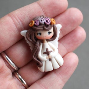 Guardian Angel Girl Doll – First Communion Favor – Personalized Keepsake – Handmade Magnet or Keychain, clay dolls, personalized doll