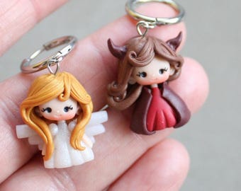 Pendientes de ángel y diablo, pendientes colgantes, pendientes de arcilla polimérica, pendientes bonitos, muñeca linda, bonitos pendientes colgantes, muñecas kawaii, muñecas de arcilla, pendientes de arcilla