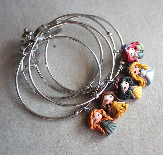 disney's princess bangle, polymerclay dolls, stainless steel bracelet, kawaii disney doll, clay chibi, figurine