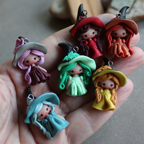 polymer clay witch charm, polymer clay charm pendant, handmade jewelry for girls, gift for her, fairy tale charm, doll charm, cartoons charm