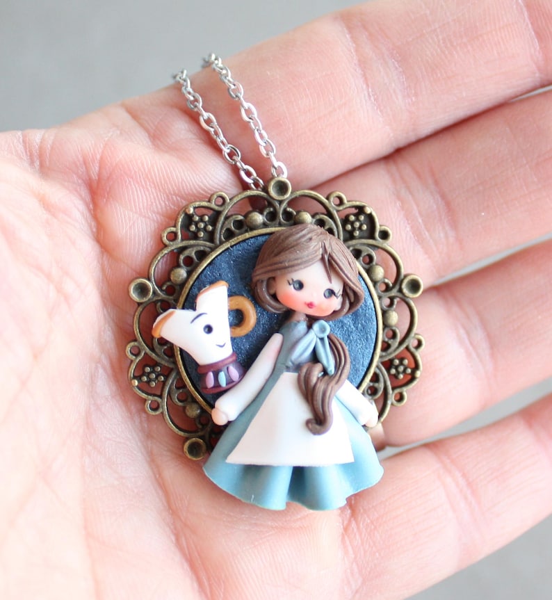 Belle Necklace, Hand-Sculpted Polymer Clay Chibi Figurine, Kawaii Pendant, Stainless Steel Chain, statement necklace image 1