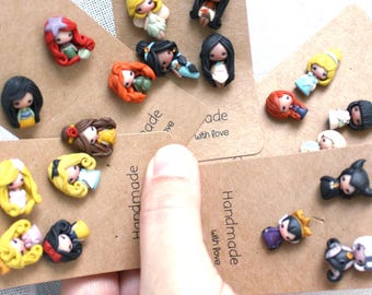 studs disney earrings, polymerclay doll, cute earrings, colorful mismatched earrings, princess jewels, funny earrings,kawaii