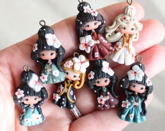 Handmade Geisha Polymer Clay Charm for necklace, polymerclay charms, geisha, kokeshi, japan lovers, geisha doll charm, kawaii geisha pendant