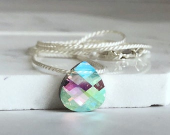 Swarovski Crystal Silk Cord Necklace, CAL AB Comet Flat Briolette, Natural Silk Cord, Sterling Silver Clasp,  3 cord colors
