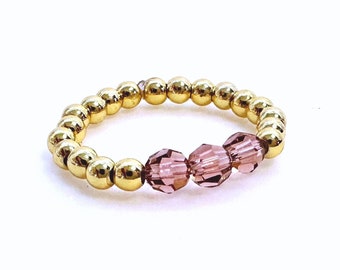 Swarovski Crystal Gold Bead Ring | 4mm Swarovski Blush Rose Crystal Bicone | 3mm Gold Beads | Stretch Ring | Stacking Rings | gift for her