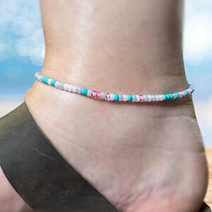Pink Seed Bead Anklet: Rose Gray Turquoise, Adjustable Waterproof cord