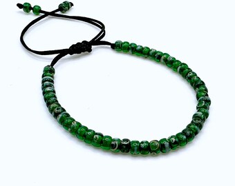 Seed Bead Cord Bracelet | Emerald Green & White | Miyuki Picasso 6/0 Glass Seed Beads | Adjustable Knot | Boho Yoga Jewelry | Unisex Gift