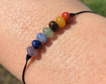 Seven Chakra Gemstone Bracelet | Black Cord | Natural Gemstone beads | Meditation & Healing jewelry | Adjustable Cord | Yoga Bracelet