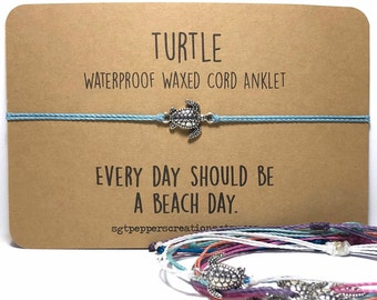 Turtle Charm Anklet | Waterproof Cord | Adjustable Knot | Sea Turtle charm | Beach Surfer Anklet | Cord Ankle Bracelet | Gift