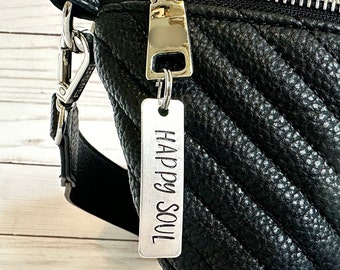 Hand Stamped Luggage Tag | Zipper Pull | Key Chain | HAPPY SOUL |  aluminum tag 1.75 x 0.5 inches | 12mm split ring | travel bag charm