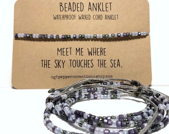 Bead Anklet, GRAY Lilac Gunmetal Amethyst beads, Seed Bead Ankle Bracelet, Waterproof Polyester Cord with Macrame Knot