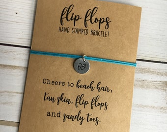 FLIPS FLOPS Bracelet, Hand Stamped charm, adjustable slip knot, Cotton Cord, Friends gift, summer beach sand surf, gift for her him