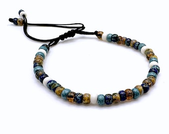 Seed Bead Cord Bracelet | Ocean Mix Blue White Latte | Miyuki Picasso 6/0 Beads | adjustable macramé knot | Boho Yoga Jewelry | Unisex