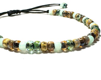 Seed Bead Cord Bracelet | BLUE GREEN YELLOW Mix | Miyuki Picasso 6/0 Glass Seed Beads | adjustable macramé knot | Boho Yoga Jewelry | Unisex