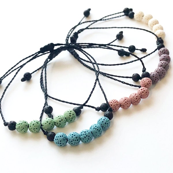 Colored Lava Stone Bracelet, Essential oil diffuser, Waterproof Black Cord, Green Blue Pink Purple White Black beads, unisex jewelry