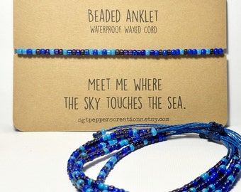 Bead Anklet, Waterproof Ankle Bracelet, COBALT Blue Turquoise Amethyst Seed Beads, Adjustable Macrame Knot, Polyester Cord