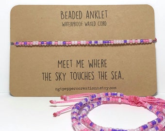 Bead Anklet, Waterproof Ankle Bracelet, PINK White PURPLE Seed Beads, Adjustable Macramé Knot, Polyester Cord, Sky Touches the Sea