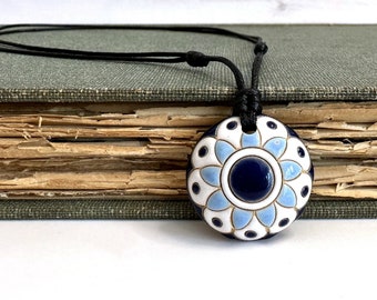 Ceramic Flower Pendant Necklace, Blue & White round floral ceramic pendant, botanical nature jewelry, adjustable cord , 16-30 inches.
