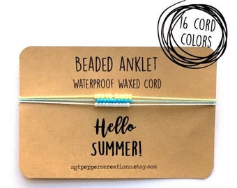 Bead Anklet, Waterproof Ankle Bracelet, Colored Seed Beads, Adjustable Macramé Knot, Polyester Cord, Custom Colors, HELLO SUMMER Beach
