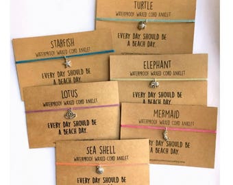 WATERPROOF ANKLET ~ Polyester Waxed Cord - Turtle Starfish Mermaid Shell Elephant Lotus Silver Charms ~Adjustable Macrame Knot ~ 16 COLORS