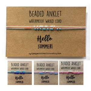 Bead Anklet, Waterproof Ankle Bracelet, Colored Seed Beads, Adjustable Macramé Knot, Polyester Cord, Custom Colors, HELLO SUMMER Beach image 4