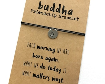 Buddha Friendship Bracelet, waxed cotton cord, Hand Stamped silver disc, each morning we are born again, adjustable, 18 colors, gift