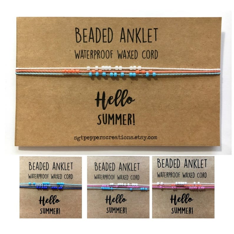 Bead Anklet, Waterproof Ankle Bracelet, Colored Seed Beads, Adjustable Macramé Knot, Polyester Cord, Custom Colors, HELLO SUMMER Beach image 4