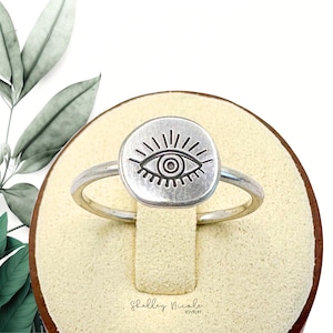 Sterling Silver Evil Eye Ring - Hand Stamped Protection Jewelry, Recycled Silver
