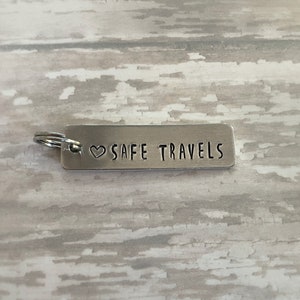 Luggage Tag Zipper Pull Key Chain Safe Travels Hand Stamped aluminum tag 1.75 x 0.5 inches 12mm split ring travel bag charm image 4