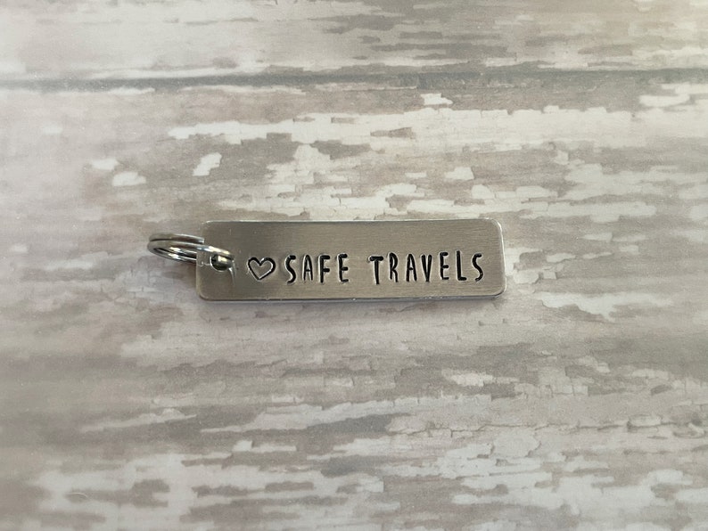 Luggage Tag Zipper Pull Key Chain Safe Travels Hand Stamped aluminum tag 1.75 x 0.5 inches 12mm split ring travel bag charm image 4