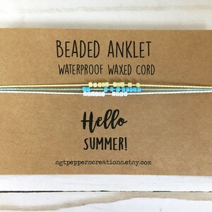 Bead Anklet, Waterproof Ankle Bracelet, Colored Seed Beads, Adjustable Macramé Knot, Polyester Cord, Custom Colors, HELLO SUMMER Beach image 2
