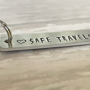 Luggage Tag Zipper Pull Key Chain Safe Travels Hand Stamped aluminum tag 1.75 x 0.5 inches 12mm split ring travel bag charm image 3