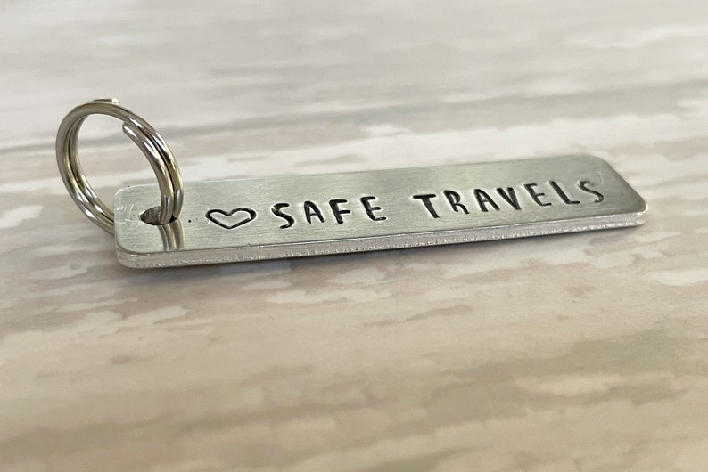 Luggage Tag Zipper Pull Key Chain Safe Travels Hand Stamped aluminum tag 1.75 x 0.5 inches 12mm split ring travel bag charm image 3
