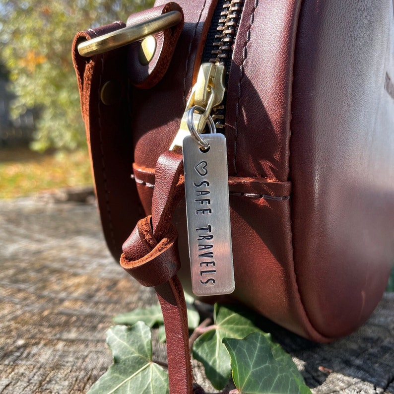 Luggage Tag Zipper Pull Key Chain Safe Travels Hand Stamped aluminum tag 1.75 x 0.5 inches 12mm split ring travel bag charm image 1