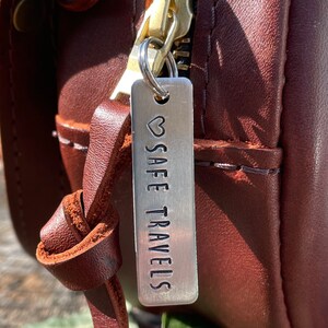 Luggage Tag Zipper Pull Key Chain Safe Travels Hand Stamped aluminum tag 1.75 x 0.5 inches 12mm split ring travel bag charm image 2