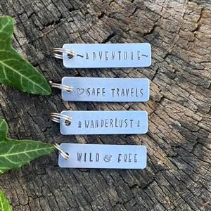 Luggage Tag Zipper Pull Key Chain Safe Travels Hand Stamped aluminum tag 1.75 x 0.5 inches 12mm split ring travel bag charm image 5