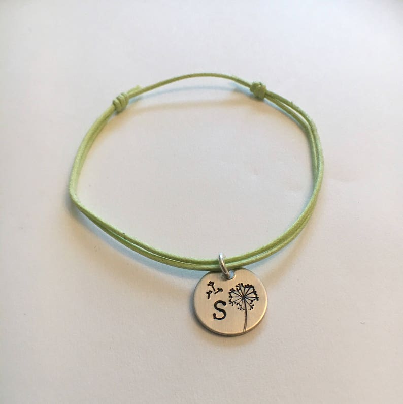 Dandelion Wish Friendship Bracelet 18 colors My wish for you Personalized Initial Hand Stamped silver disc adjustable Cotton Cord
