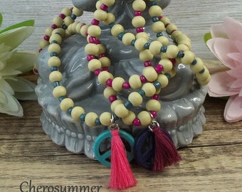 Wooden bead necklace Lime berry or blue with peace sign