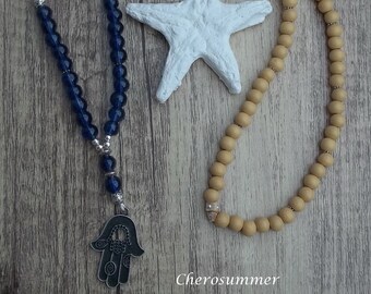 Boho, Hippie Holzperlenkette Glas Hamsa Blau