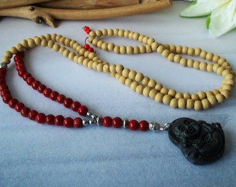 Boho, Hippie Wooden Bead Necklace Glass Buddha Red
