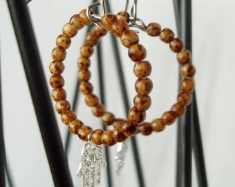 Earrings Czech Beads Hamsa Brown