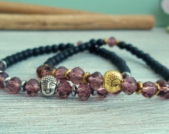 Buddha Bracelet Faceted Glass Beads Purple