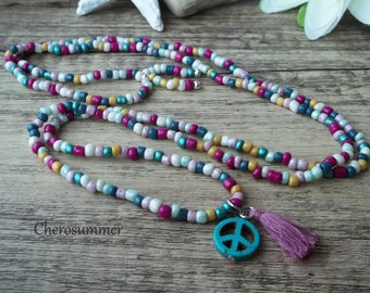 Süße Boho Kette Pastell mit Peace-Zeichen und Quaste