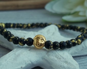 Zartes Armband Glasperlen Buddha Schwarz Gold