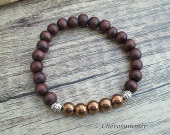 Bracelet wood and glass for men dark brown