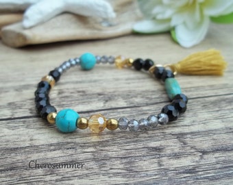 Bracelet in glass beads Turquoise Black Gold